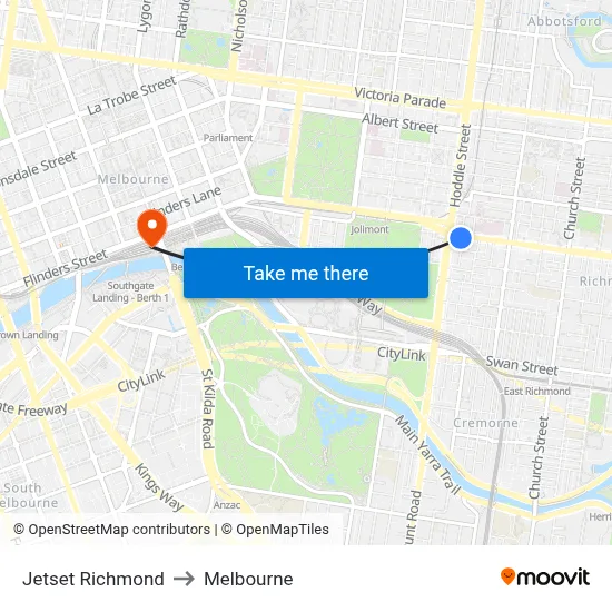 Jetset Richmond to Melbourne map