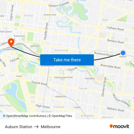 Auburn Station to Melbourne map