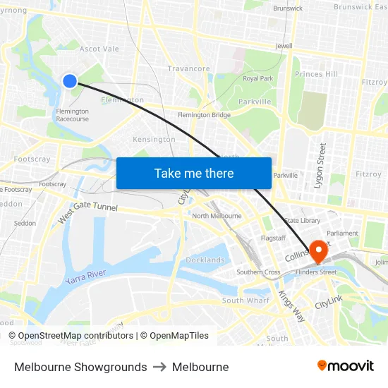 Melbourne Showgrounds to Melbourne map
