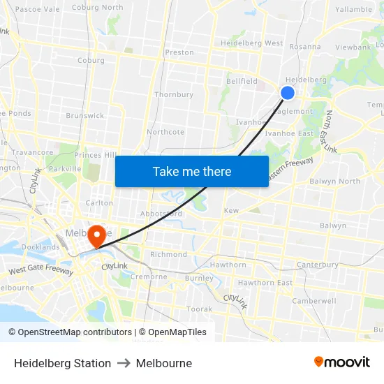 Heidelberg Station to Melbourne map