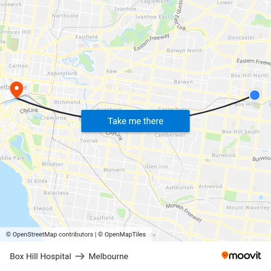 Box Hill Hospital to Melbourne map