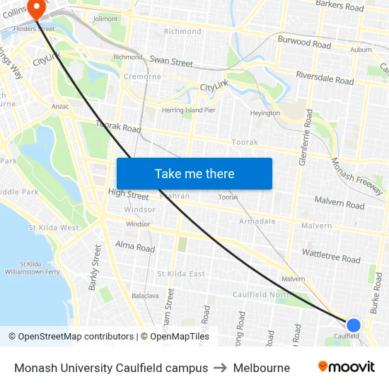 Monash University Caulfield campus to Melbourne map