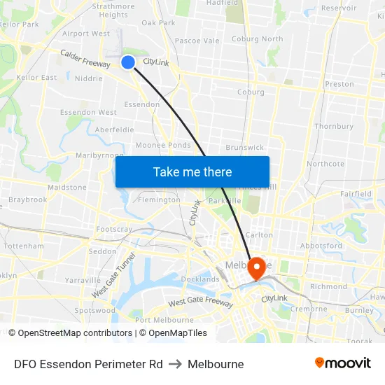 DFO Essendon Perimeter Rd to Melbourne map