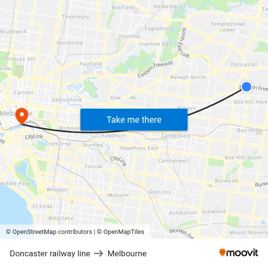 Doncaster railway line to Melbourne map