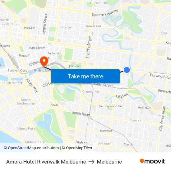 Amora Hotel Riverwalk Melbourne to Melbourne map