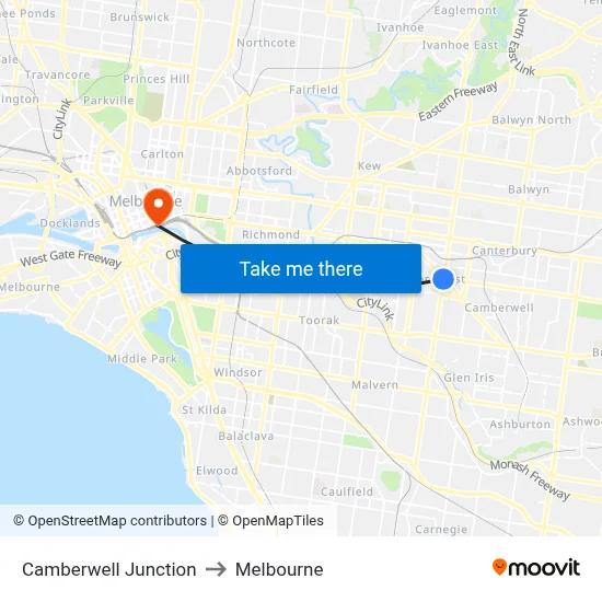 Camberwell Junction to Melbourne map