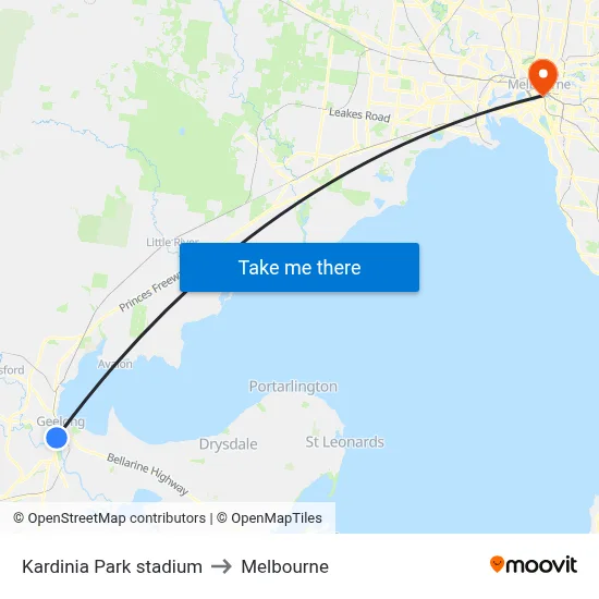 Kardinia Park stadium to Melbourne map