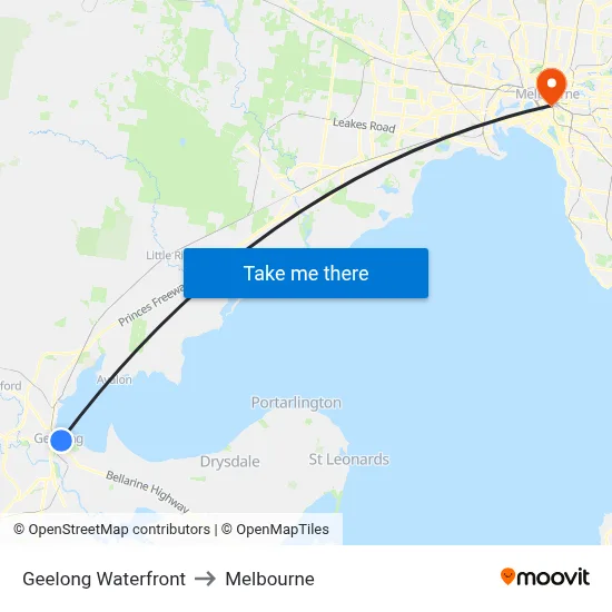 Geelong Waterfront to Melbourne map