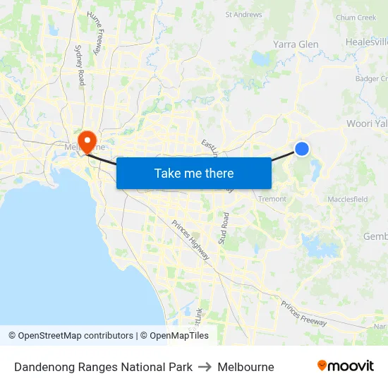 Dandenong Ranges National Park to Melbourne map