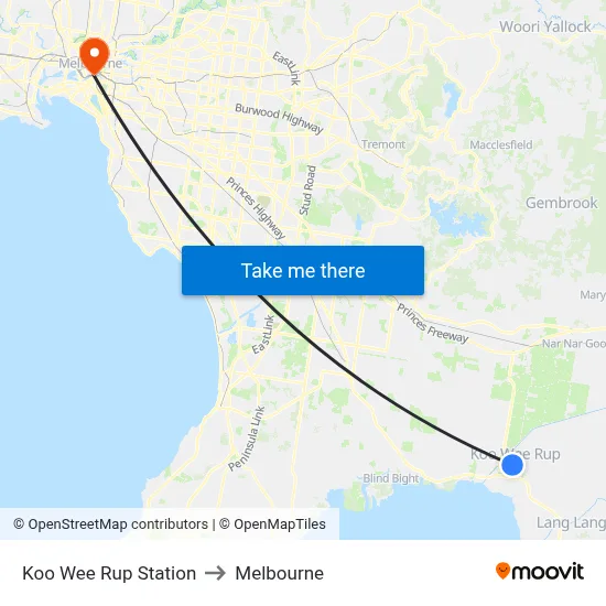 Koo Wee Rup Station to Melbourne map