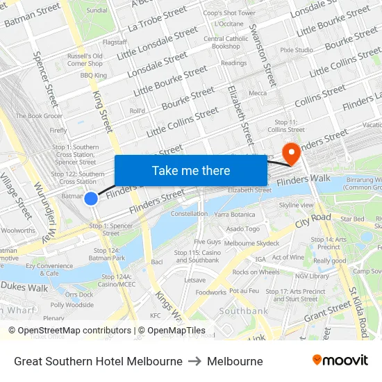Great Southern Hotel Melbourne to Melbourne map