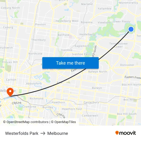 Westerfolds Park to Melbourne map