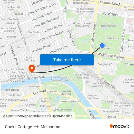 Cooks Cottage to Melbourne map