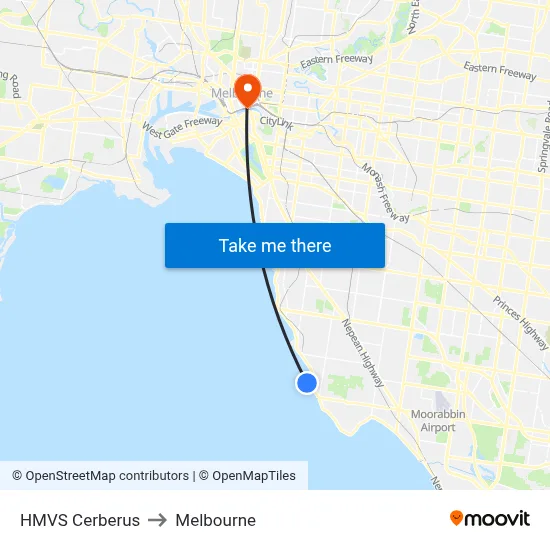 HMVS Cerberus to Melbourne map