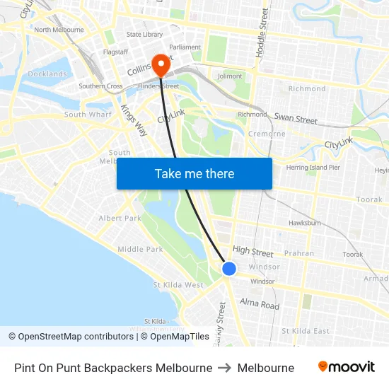 Pint On Punt Backpackers Melbourne to Melbourne map