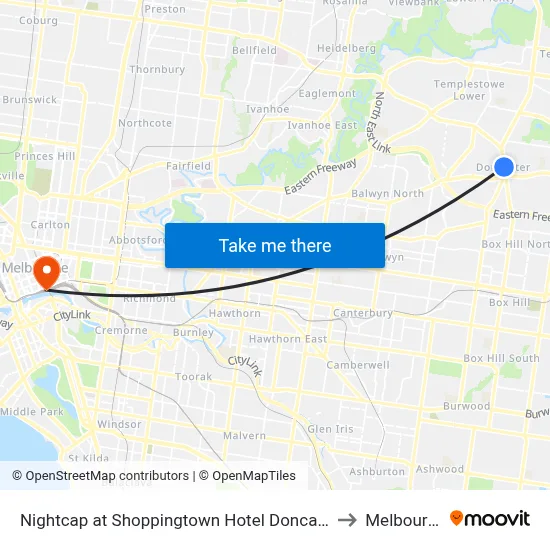 Nightcap at Shoppingtown Hotel Doncaster to Melbourne map