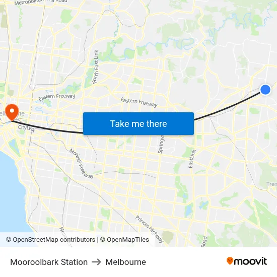 Mooroolbark Station to Melbourne map