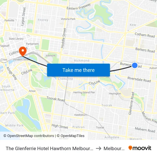 The Glenferrie Hotel Hawthorn Melbourne to Melbourne map
