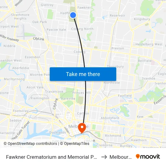 Fawkner Crematorium and Memorial Park to Melbourne map