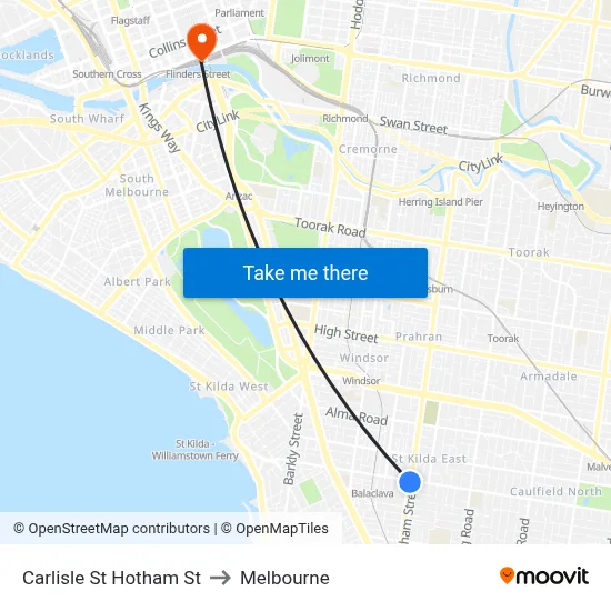 Carlisle St Hotham St to Melbourne map