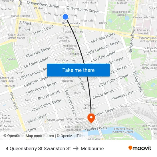 4 Queensberry St Swanston St to Melbourne map