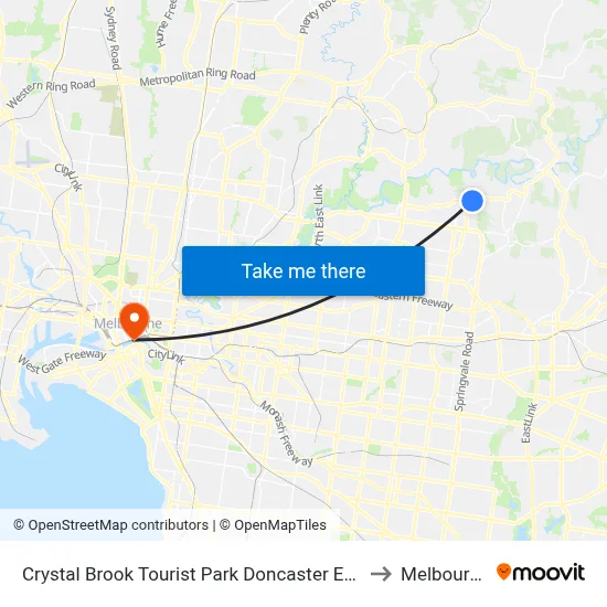 Crystal Brook Tourist Park Doncaster East to Melbourne map