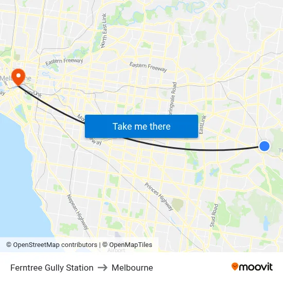 Ferntree Gully Station to Melbourne map