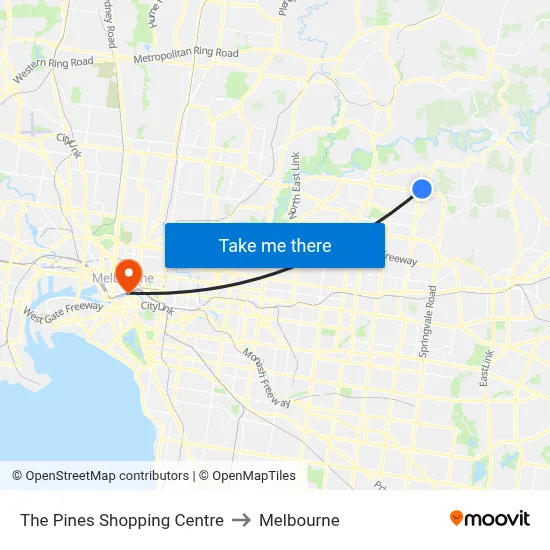 The Pines Shopping Centre to Melbourne map