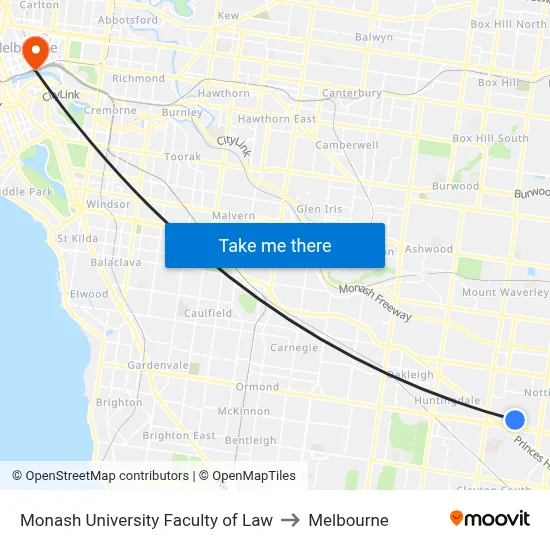 Monash University Faculty of Law to Melbourne map