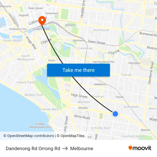 Dandenong Rd Orrong Rd to Melbourne map