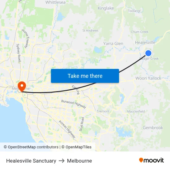 Healesville Sanctuary to Melbourne map