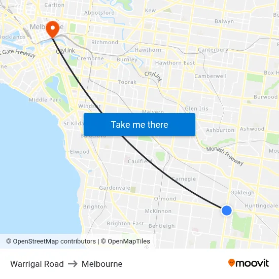 Warrigal Road to Melbourne map