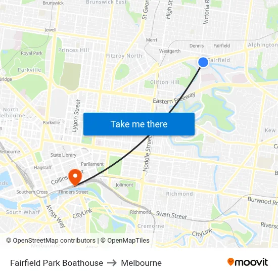 Fairfield Park Boathouse to Melbourne map