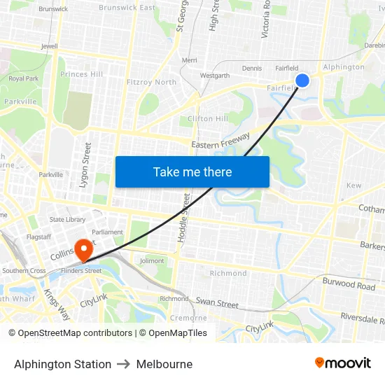 Alphington Station to Melbourne map