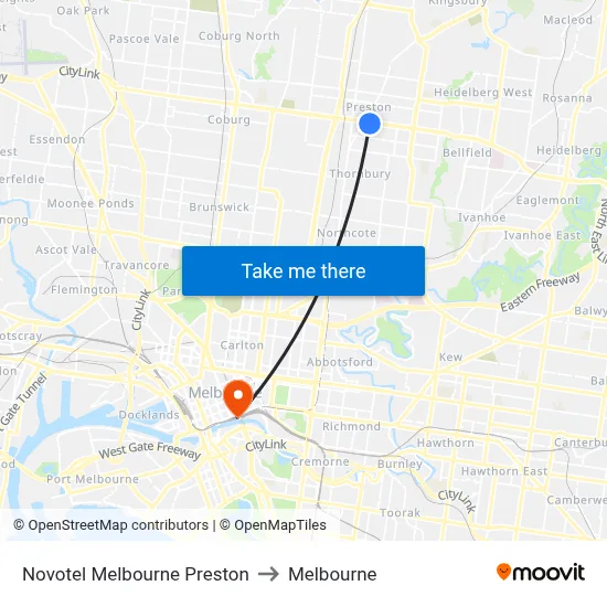Novotel Melbourne Preston to Melbourne map