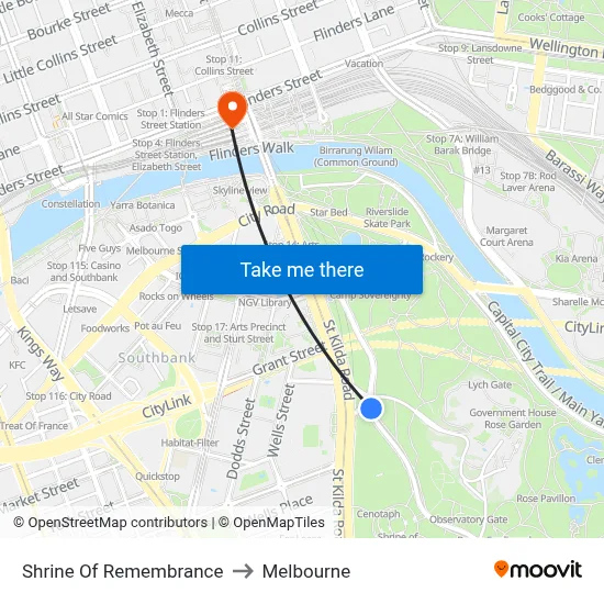 Shrine Of Remembrance to Melbourne map