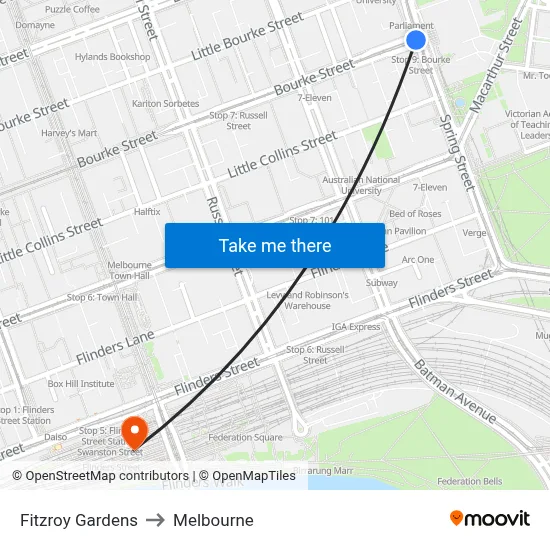 Fitzroy Gardens to Melbourne map
