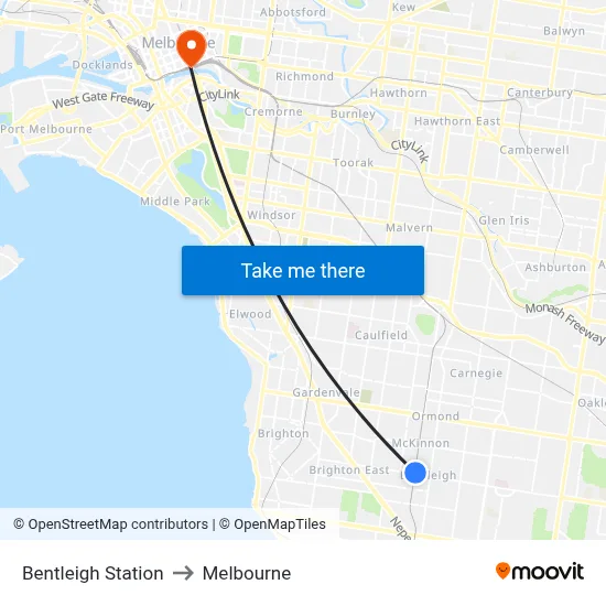 Bentleigh Station to Melbourne map