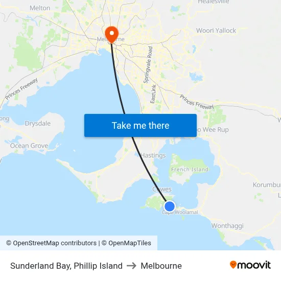 Sunderland Bay, Phillip Island to Melbourne map