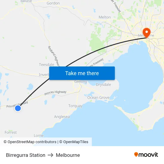 Birregurra Station to Melbourne map