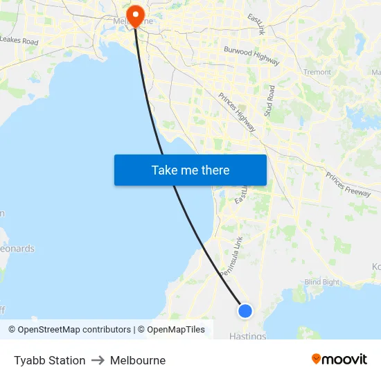 Tyabb Station to Melbourne map