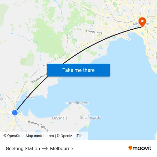 Geelong Station to Melbourne map