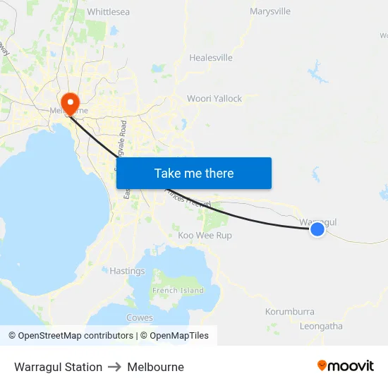 Warragul Station to Melbourne map