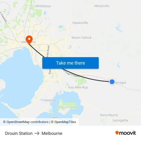 Drouin Station to Melbourne map