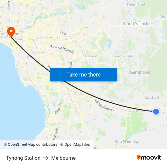 Tynong Station to Melbourne map