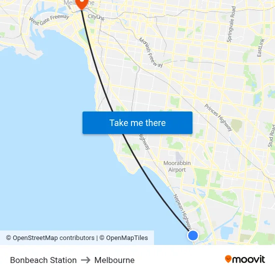 Bonbeach Station to Melbourne map