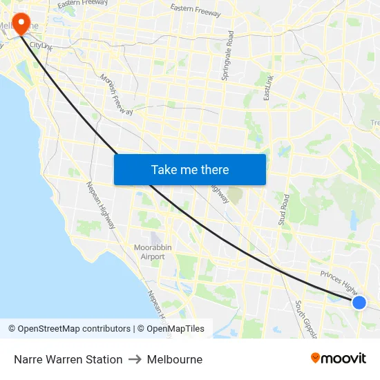 Narre Warren Station to Melbourne map