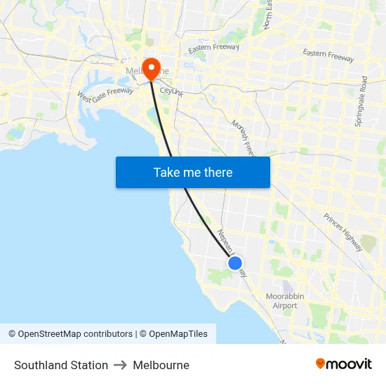 Southland Station to Melbourne map