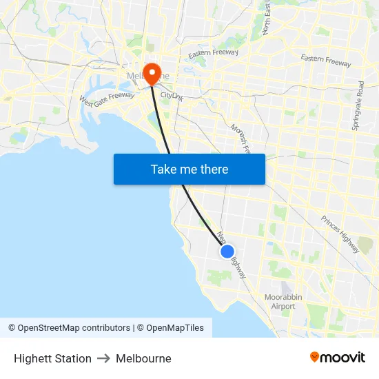 Highett Station to Melbourne map
