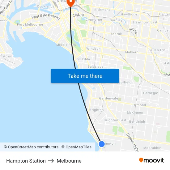 Hampton Station to Melbourne map